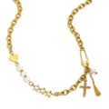Collar de acero inoxidable chapado en oro 18K con cruz, corazón, perla y borlas - Estilo de Cruz de Patchwork con Borla (N3795) / Dorado