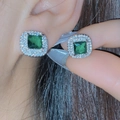 Square green moissanite halo stud earrings featuring a silver base and pave settings - Green Diamond Large Square Earrings Tz-40
