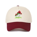 Close-up of mushroom embroidery on a two-tone baseball cap with contrast brim stitching - Adjustable / Burgundy
