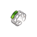 Detailed macro view of silver steel open ring with green rectangle inlay and chain texture - Silver Chain Green Stone (J553-2)