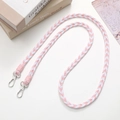 Detailed view of pink and white braided crossbody phone strap with silver metal clasps - 12mm Width / Pink