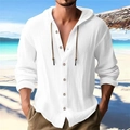 Close-up of a white linen hooded shirt with button placket and drawstring on beach - S / Tops / White