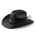 Sombrero de vaquero de paja negra con banda de cuero y piedra turquesa vintage - M (56-58cm) / Todo Negro
