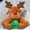 Peluche renna di Natale marrone con sciarpa a fiocchi verde su sfondo bianco a maglia - Stile Sciarpa Verde