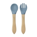 Blue food-grade silicone baby spoon and fork set with ergonomic natural wooden handles - Wooden Handle Spoon and Fork Set / Grey Blue