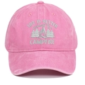 Detail of embroidered forest campfire logo and text on washed pink cotton baseball cap - Pink