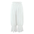 Women's white lantern pants with elastic high waist and delicate lace trim on plain background - XS / White