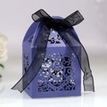 Purple laser cut heart wedding favor box with an elegant black organza ribbon bow - Sapphire Blue