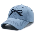 Washed light blue denim baseball cap featuring a contrast navy bow applique - Adjustable / Lake Blue