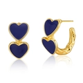 French vintage style 18K gold irregular C-shape heart enamel studs with hammered texture - Dark Blue Double Heart Hammered Hoop (KE0719-3)