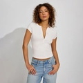 Slim fit white V-neck knitted Henley t-shirt for women with buttons and short sleeves - S / White