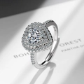 Adjustable S925 sterling silver heart ring with sparkling zirconia in double halo design - Adjustable Open / Silver