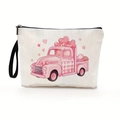 Beige canvas cosmetic bag with pink cartoon heart truck print and black wristlet strap - Truck With Heart Stack