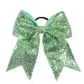 Mint green sequined 8-inch hair bow with long ribbons and black elastic band - Light Green
