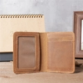 Vintage brown crazy horse leather card holder with ID window and minimalist stitching - 1079 Yellow Brown