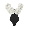 Detail of 3D white floral applique on a contrast black one-piece swimsuit bodice - S / Black/White Patchwork Swimsuit