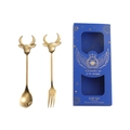 Golden stainless steel bull head spoon and fork gift set in a luxury navy blue box - Gold Spoon Fork Set + Blue Box