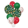 Close-up of Christmas balloon set with Feliz Navidad foil prints and red confetti balloons - Style 8-Dark Green Gingerbread Man Spanish Set