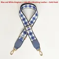 Detail view of blue and white gingham bag strap with lake blue leather and gold hardware - Blue White Plaid Lake Blue Leather Gold Hook