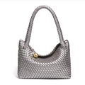Silver hand-woven leather tote bag with stylish gold ball clasp and intrecciato texture - Metallic Grey