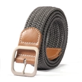 Men's casual grey woven stretch belt with brown leather accents and a square pin buckle - Gray