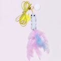 White plush cat teaser toy with golden bell, elastic string and blue feathers - Hanging Colorful Worm