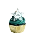 Christmas cupcake with green frosting and silver Merry Christmas star topper in gold foil - Silver Star Style 2
