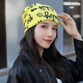 Fashionable bright yellow knit beanie featuring black graffiti baby print for winter warmth - One Size / 06 Vibrant Yellow