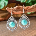 Bohemian retro long teardrop earrings with turquoise stones in antique silver finish - Retro Carved Round Stone (HQEF-1750)
