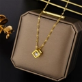 18K rose gold titanium necklace featuring a cube pendant with a clear crystal - Cube Diamond Inlaid Style (8839) / Gold