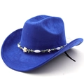 Close-up of royal blue suede cowboy hat with ethnic beaded band and star charms - Sapphire Blue