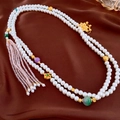 Detail of vintage glass pearl sweater necklace with gemstone beads and long tassels - Necklace-White (Real Gold Plated)