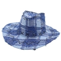 Distressed blue patchwork western cowboy hat with frayed edges and bold black stitching - One Size / Blue (With Windproof Rope)