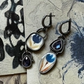 Detail of vintage Egyptian enamel earrings with blue floral motifs and purple gems - Asymmetric Long Drop / Antique Silver-Blue Tulip