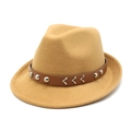 Detail of khaki felt fedora hat featuring a brown leather band with silver metal V-buckles - M (56-58cm) / Camel