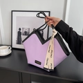 Fashionable purple and black panelled underarm bag with pleated texture and ribbon detail - Purple