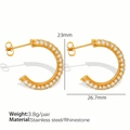 Golden stainless steel geometric C-shaped earrings with white rhinestones in 26.7mm size - EH266G Multi-Row White Zircon Gold C-Shaped Earrings