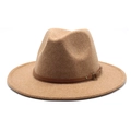 Detail of camel wool fedora hat featuring a brown faux leather band with metal buckle - M (56-58cm) / Camel