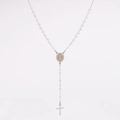 Detail of silver rosary necklace featuring transparent beads and a polished metal cross - White