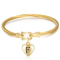 18K gold plated twisted bangle with horseshoe buckle and heart charm engraved with letter F - Letter F