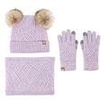 Winter 3-piece knit set for kids with double pompom hat, scarf, and gloves in purple - Purple