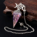 Amethyst crystal pendulum with copper coil and silver crescent moon on wood base - Amethyst