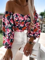 Close-up of the floral print off-shoulder blouse with long puff sleeves and elastic cuffs - S / Tops / Black Pink Floral