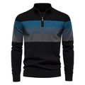 Detail of men's half-zip knit sweater featuring cool blue and grey horizontal stripes - S / Black & Blue