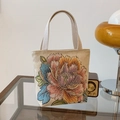 Sac à main en toile beige de style ethnique avec broderie florale et détails en fil doré - Moyen / Pivoine