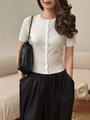 Slim fit white short sleeve knitted cardigan for women paired with black wide leg pants - S / White