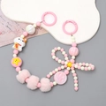 Pink and white beaded phone charm strap with plush balls and lucky cat pendant - Pink Lucky Cat Style (K2785)