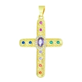 Colorful gemstone cross pendant in gold hollow metal with a purple center oval stone - Pendant 27 (Gold Multi-Color Hollow Cross)