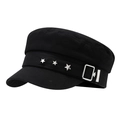 Classic black military style flat top baker boy hat with silver star studs and metal buckle - Adjustable / Black