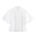 Camicia bianca con inserti in pizzo, maniche a volant e orlo a pieghe per uno stile dolce - XS / Bianco